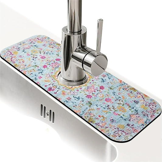 Kitchen Sink Splash Guard，Bohemian style flowers Faucet Mat Sink Gadgets-Super Absorbent Fast Drying Mat Drip Catcher for Kitchen, Bathroom,Sink Mat, Dish Drying Mat, Bathroom(15" X 5.5" )