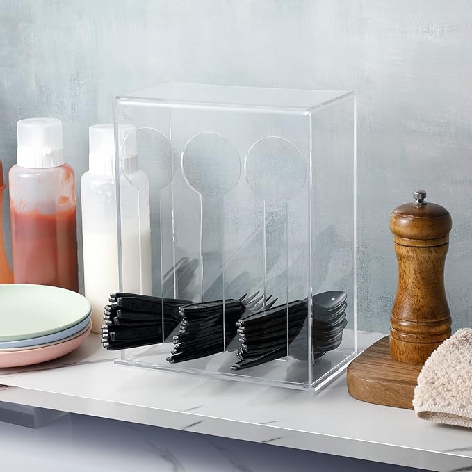 Vesici Plastic Utensil Dispenser Acrylic Utensil Dispenser Silverware Organizer Holder for Kitchen and Restaurant(3 Compartment,Clear)