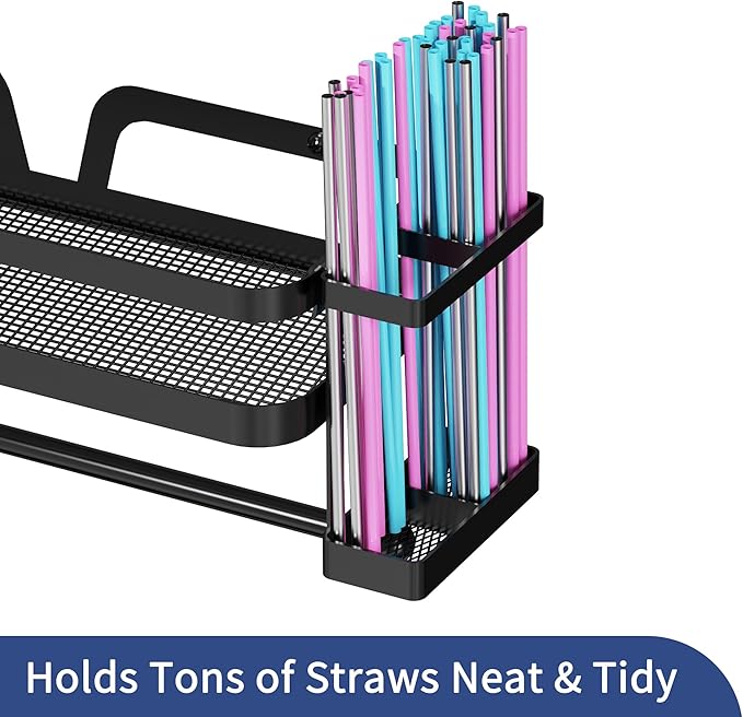 Taozun Paper Towel Holder with Shelf & Side Straw Basket, Black Kitchen Paper Holder Spice Rack Black Paper Towel Roll Holder RV Paper Towel Rack with 4 Hooks