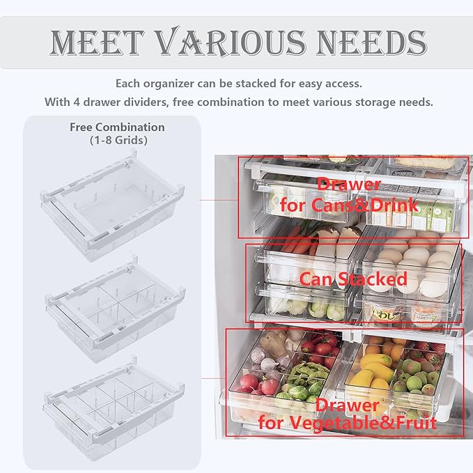 Dewpeton Refrigerator Organizer Bins - Clear Plastic Container Drawer for Egg Vegetable Fruit Snack Drink Food, Home Essentials Organization and Storage for Fridge Kitchen Cabinet Pantry Freezer