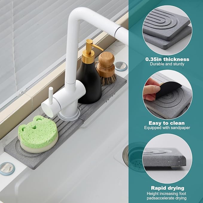 ODE TO ORDER Stone Faucet Mat for Kitchen Sink, kitchen sink splash guard for Bathroom Counter,15.7 Inch Light Grey Diatomite water-Absorbing Drying Stone Mat, Sink faucet Stone Tray Protector
