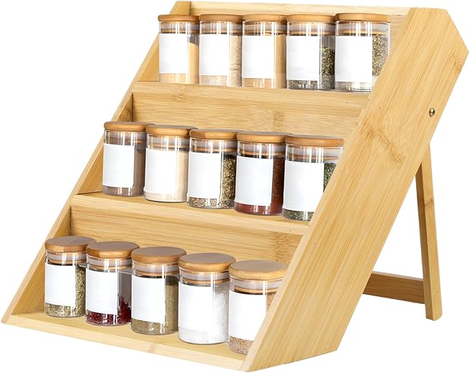 Homaisson 3 Tier Bamboo Spice Rack Organizer, Kitchen Countertop Spice Jar Organizer Tiered Spice Shelf Rack for Seasoning Can, 9.8 x 9.8 x 9.8 In