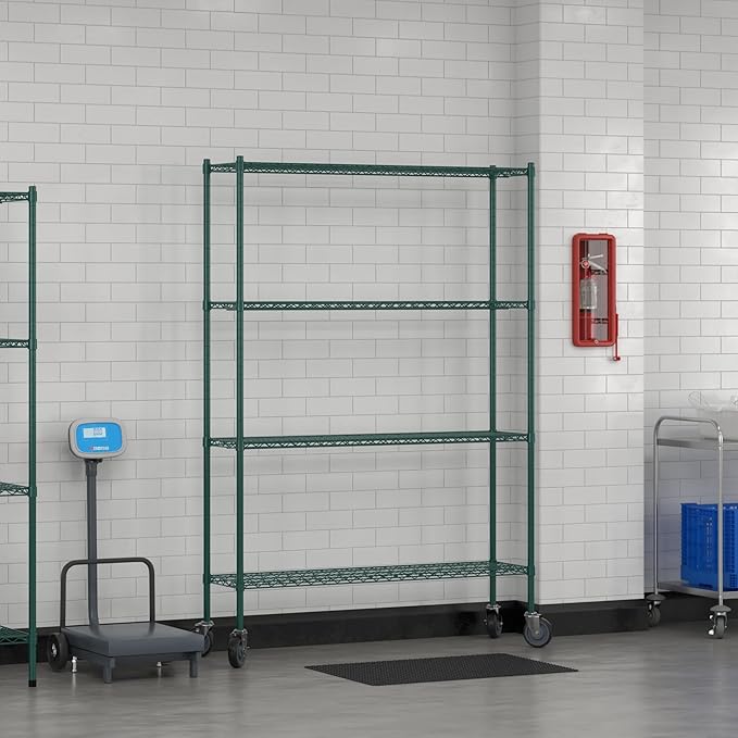 Commercial NSF Listed Green Epoxy Mobile Wire Shelving Kit 14" x 54" x 80", with 4 Shelves Perfect for Warehouse, Walk-in Refrigerator, Freezer, Grocery Store, Restaurant, Dishroom