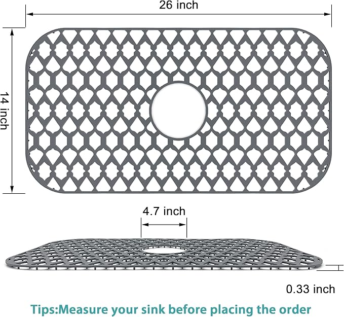 SAMSIER Sink Protectors for Kitchen Sink 13x11 &16x12 &19x13 &19x14 &21x16 &22x13 &24x13 &26x14 &28x14 &30x14 &30x16, Farmhouse Silicone Mats Grid for Bottom (26”x14”, Center Drain)