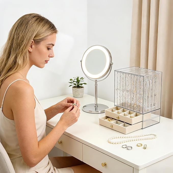 Greenfeather Jewelry Organizer with 7 Removable Drawers, Clear Acrylic Jewelry Box with 40 Necklace Hooks, 120 Pairs of Earring Holes, 2 Velvet-Lined Drawers for Rings, Necklaces, Earrings,Off-White