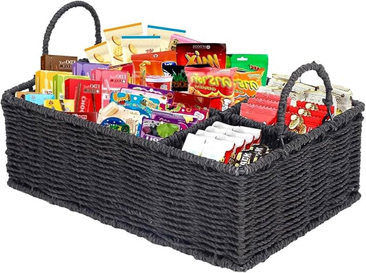 Snack Organizer for Countertop,Wicker Basket Snack Holder with with Handles,4 Compartment Snack Storage Basket for Coffee Station Organizer,Kitchen Pantry Organizers and Storage(Black)