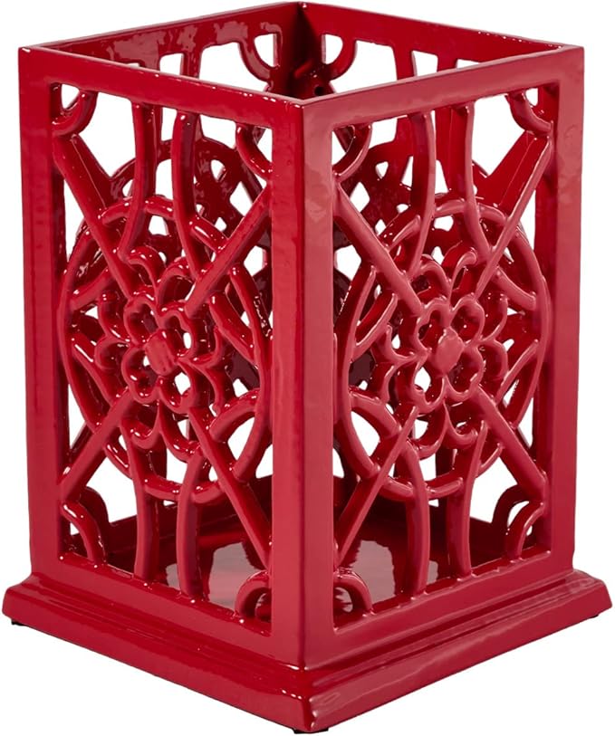 jogreful Utensil Holder, Cast Iron Kitchen Utensil Crock for Countertop, Extra Large Utensil Organizer with Weighted-Base, Housewarming Vintage Decor, Flower Pattern, Red