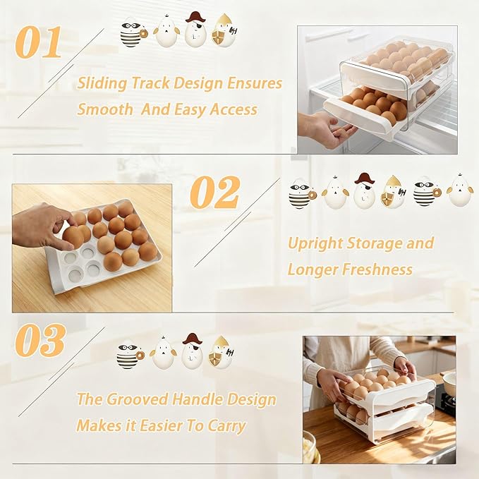 Egg Holder for Refrigerator 2 Tier Clear Stackable Egg Tray with Drawer Space Saving Eggs Storage Container with Handles for Countertop Kitchen Baking (40 Eggs)