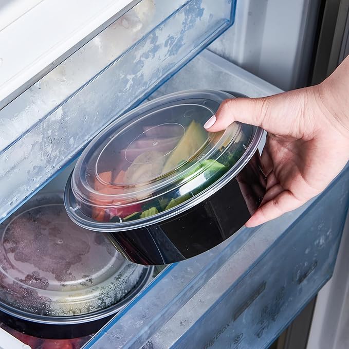 Jaluxing 32 oz 150 ct Round Meal Prep Containers with Lids Plastic Food Storage Lunch Plan To Go Box Disposable Take Out Bowl Black BPA Free Reusable Stackable Microwave Freezer Safe (Formerly FULING)