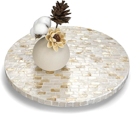 Mother of Pearl Lazy Susan for Table Turntable Organizer Wood Round Spinning Tray Rotating for Kitchen Cabinet Counter Spice Pantry 12 Inch (Marble Pattern)