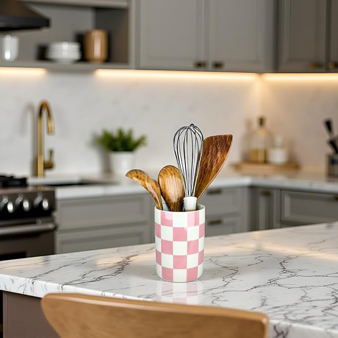 Checkered Utensil Holder, 4.13''x5.71 Utensils Caddy for Kitchen Counter, Medium Size Utensil Crock for Countertop, Utensils Organizer Storage for Parties Dining-Modern Pink and White