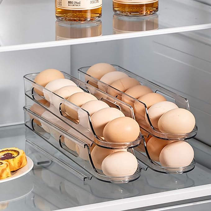 Egg Holder for Fridge 2 Tier Automatic Scrolling Egg Storage Clear Stackable Refrigerator Organizer Space Saving Kitchen Fridge Container for Home Restaurant Dispenser