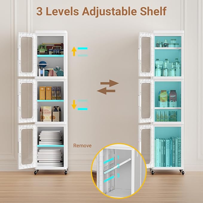BROVIEW 3-Tier Tall Narrow Storage Cabinet Organizer, Slim Bathroom Cabinets with Adjustable Shelves and Doors, Plastic Kitchen Pantry Organizers and Storages for Small Space, Laundry, White