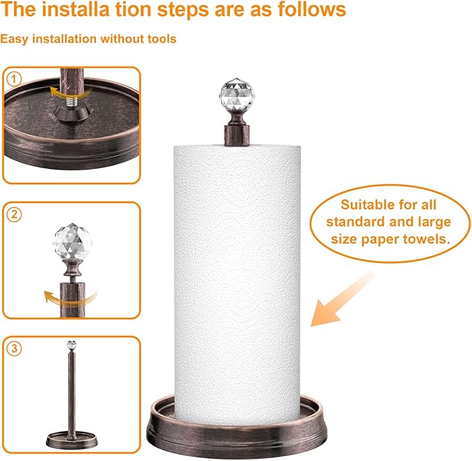 Paper Towel Holder (with Crystal Ball) Steel Paper Towel Holder countertop，Paper Towel Holder Stand for Kitchen Countertops, Bars & Dining Tables,Fits Standard & Jumbo Rolls,Oil Rubbed Bronze