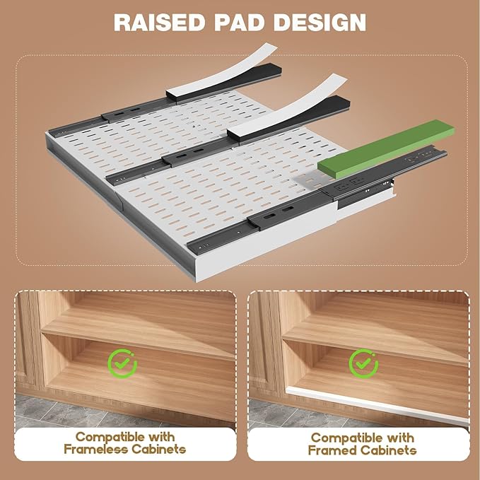4 Pack Pull Out Cabinet Organizer Expandable Width (15"-24.8") & Depth (16.2"-23.6"), 3 Slide Rails Slide Out Drawers with Handle, Includes Raising Pad for Framed Cabinets, White