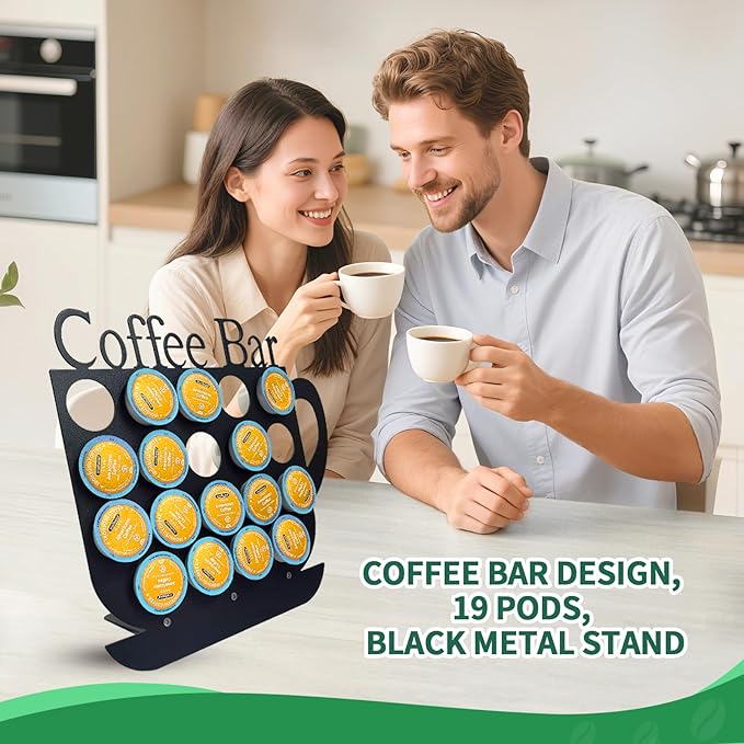 KingLive K Cups Holder Coffee Pod Holder Display, Coffee Bar Design Metal Stand, 19 Pods, Kitchen or Office Home Counter Organizer (Black)