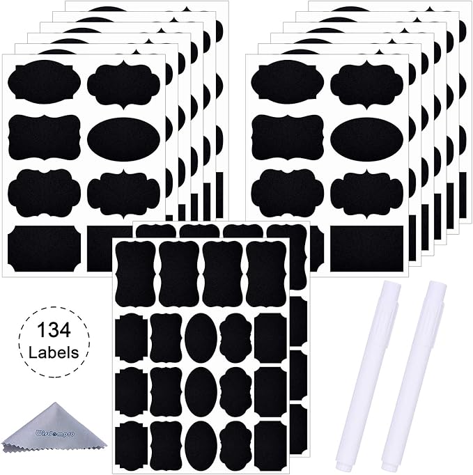 Wisdompro Chalkboard Labels, 134 Pcs Waterproof, Reusable & Removable Blackboard Stickers with 2 Chalk Marker for Storage Bins, Food Container, Mason Jars, Bottles - 3 Sizes with Pen