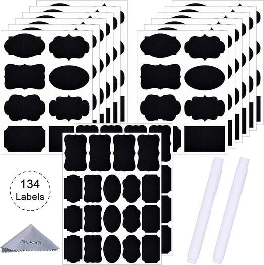 Wisdompro Chalkboard Labels, 134 Pcs Waterproof, Reusable & Removable Blackboard Stickers with 2 Chalk Marker for Storage Bins, Food Container, Mason Jars, Bottles - 3 Sizes with Pen