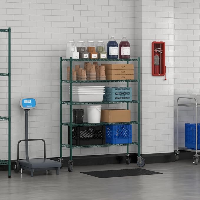 Commercial NSF Listed Green Epoxy Mobile Wire Shelving Kit 14" x 42" x 60", with 5 Shelves Perfect for Warehouse, Walk-in Refrigerator, Freezer, Grocery Store, Restaurant, Dishroom