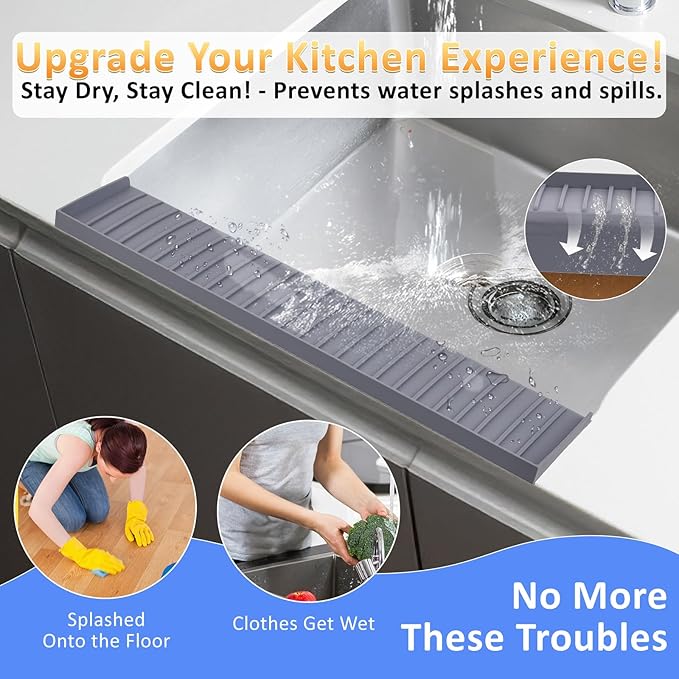 AyNirser Sink Edge Protector with Suction Cup 4"x14", Silicone Sink Splash Guard for Kitchen & Bathroom, Protect Countertop from Scratches, Stains, for Stainless Steel Granite Quartz-Grey