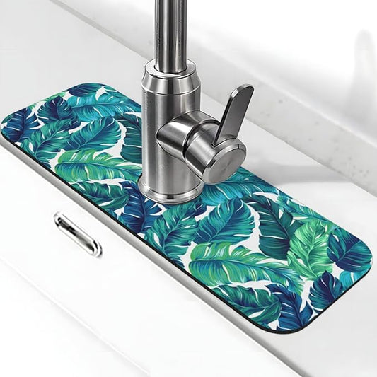 Green Tropical Palm Leaf Summer Kitchen Sink Splash Guard Faucet Mat 1 Pcs, Absorbent Fast Drying Mat Gadgets Splash Guard For Bathroom 15 X 5.5 Inches