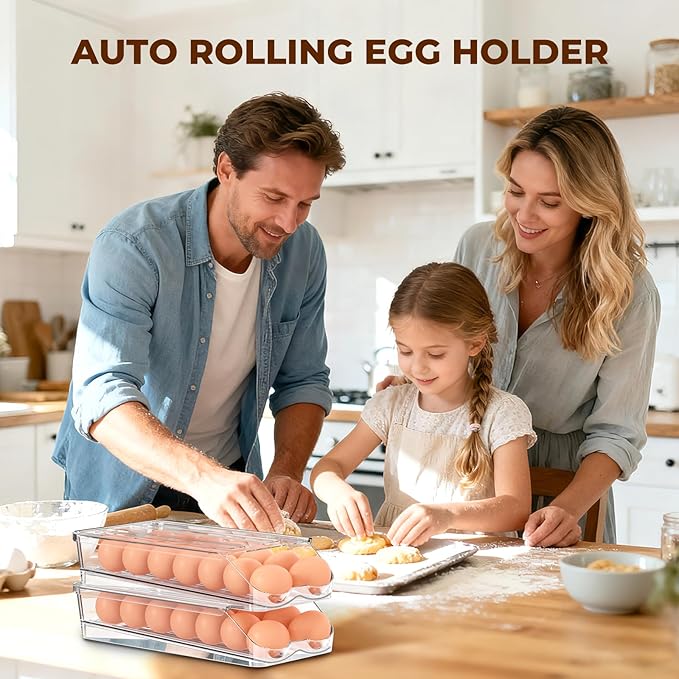 BOBELA Egg Holder for Fridge,Automatic Rolling Egg Container for Refrigerator,Clear Stackable Egg Organizer with Removable Lid for Fridge Organizers and Storage,3 pack
