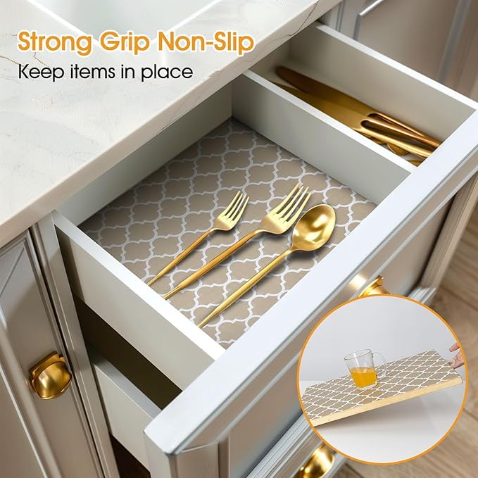 Shinlendid Shelf and Drawer Liner for Kitchen Cabinets Non-Adhesive, Strong Grip Non-Slip Thickened Cabinet Liners for Shelves, Waterproof Mats for Dresser Cupboard, Beige, 23 in x 30 Feet