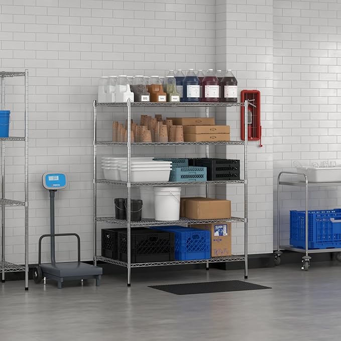 Commercial NSF Listed Chrome Stationary Wire Shelving Kit 30" x 48" x 64", with 5 Shelves Perfect for Warehouse, Walk-in Refrigerator, Freezer, Grocery Store, Restaurant, Dishroom