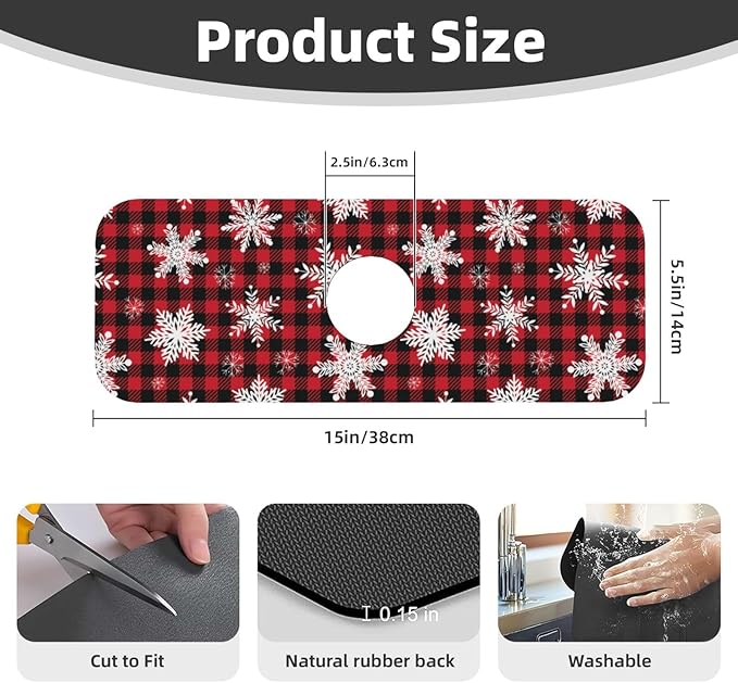 Snowflake Christmas Red Buffalo Plaid Kitchen Sink Splash Guard Faucet Mat Super Absorbent Fast Drying Mat Sink Gadgets-Fast Drying Pad Sink Mat For Kitchen Bathroom (15" X 5.5" )