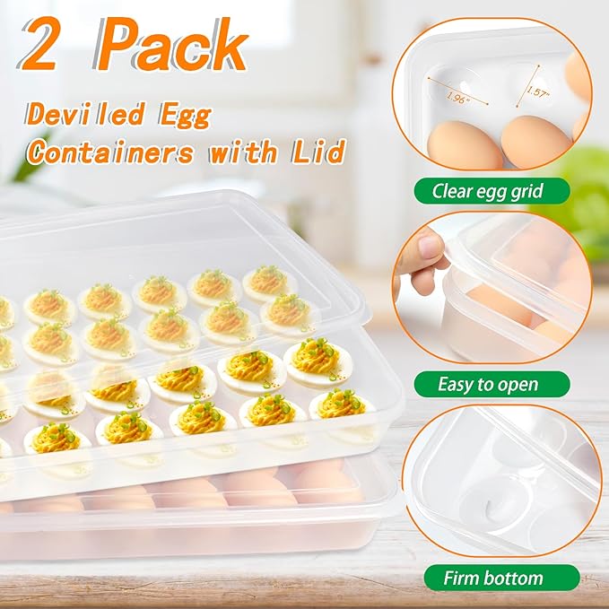 2 Pack Deviled Egg Containers with Lid,Clear Portable Storage Carrier Egg Holder,Stackable Plastic Egg Tray Carrier for Fridge,Kitchen,Keep Fresh(48 Eggs)