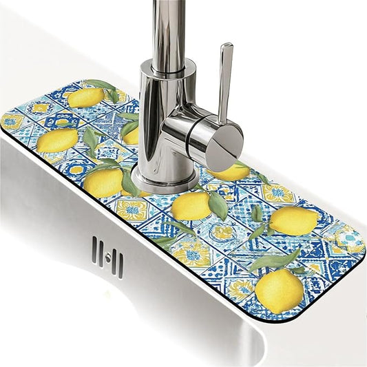 Kitchen Sink Splash Guard，Blue tiles and lemons Faucet Mat Sink Gadgets-Super Absorbent Fast Drying Mat Drip Catcher for Kitchen, Bathroom,Sink Mat, Dish Drying Mat, Bathroom(15" X 5.5" )