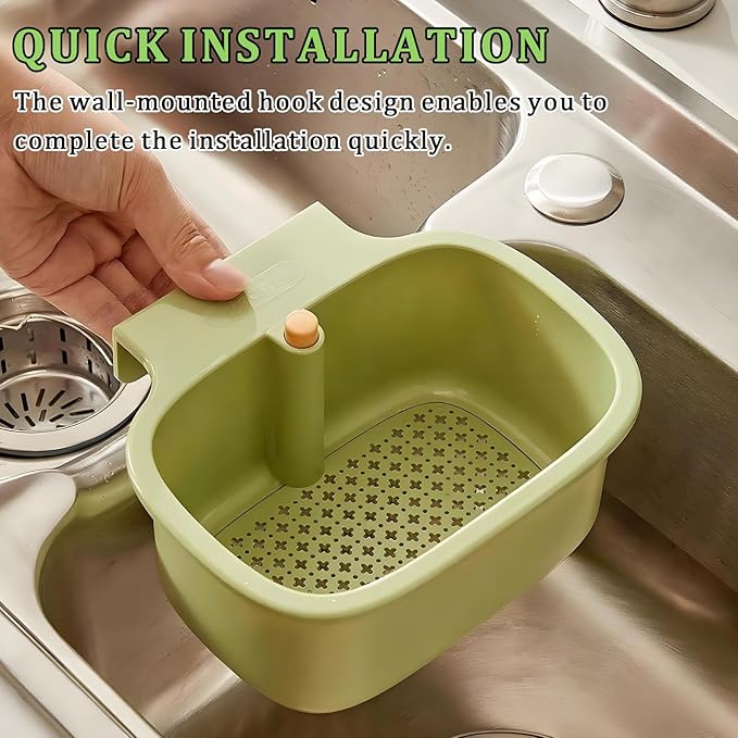 Kitchen Sink Drain Strainer Basket - Hanging Sink Drain Basket with One-Touch Drain Mesh, Kitchen Sink Food Catcher Basket Storage Organizer (Green)