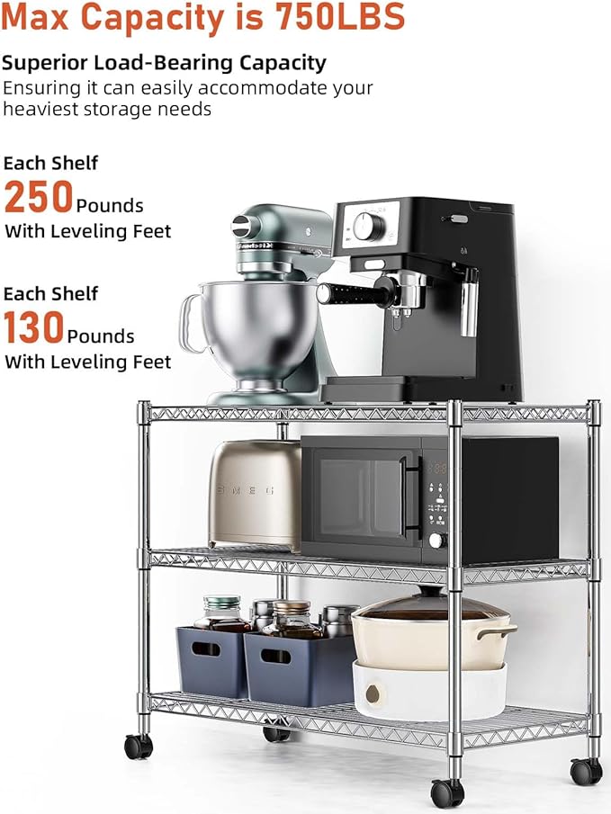 Simple Deluxe 3-Tier Heavy Duty Storage Shelves 750Lb Capacity, 24.02" D x 13.78" W x 21.97" H Shelving Unit for Pantry, Garage, Laundry and Kitchen