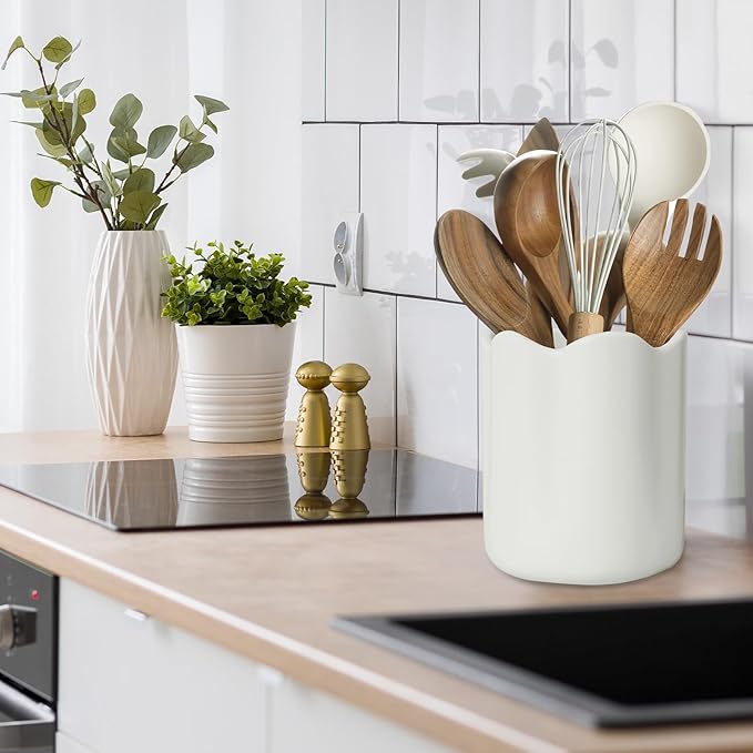 Ceramic Utensil Holder for Kitchen Counter, 6.2" Large Kitchen Utensil Holder for Countertop with Cork Bottom, Cooking Tool Organizer for Spatula, White