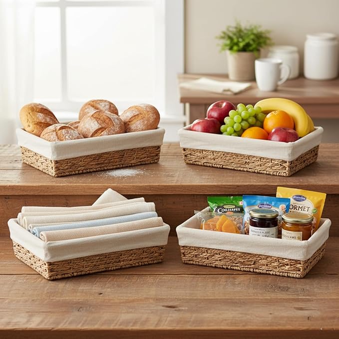 CT SUN Woven Storage Baskets for Shelves, 3-Piece Shallow Paper Rope Bins with 2 Sets of Liners (Cream & Daisy Print), Wicker Style Trays for Bathroom, Kitchen Counter, Bread & Nursery