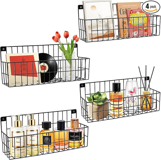 4 Set Extra Large Hanging Wall Wire Baskets, Hanging Wall Mount Storage Baskets, Metal Hanging Wire Basket for Organizing and Storage, Sturdy Wall Organizer for Home Kitchen Bathroom Storage, Black
