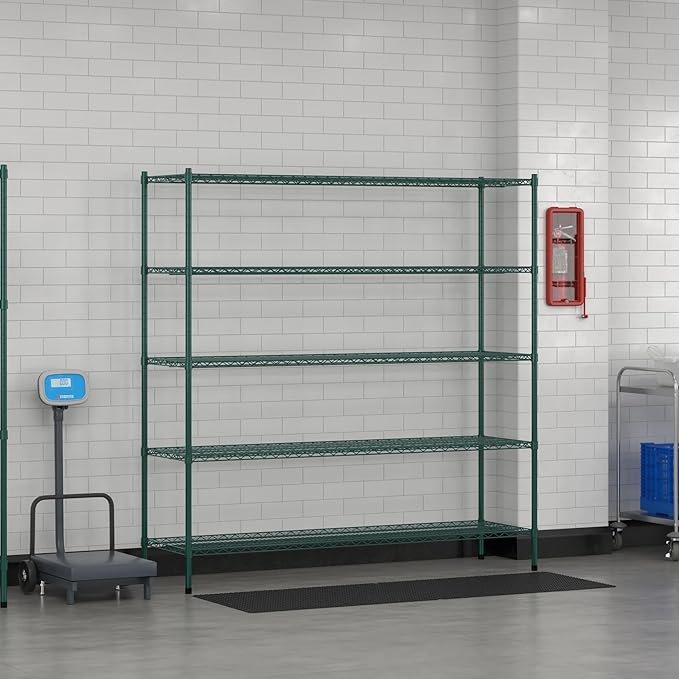 Commercial NSF Listed Green Epoxy Stationary Wire Shelving Kit 21" x 72" x 74", with 5 Shelves Perfect for Warehouse, Walk-in Refrigerator, Freezer, Grocery Store, Restaurant, Dishroom