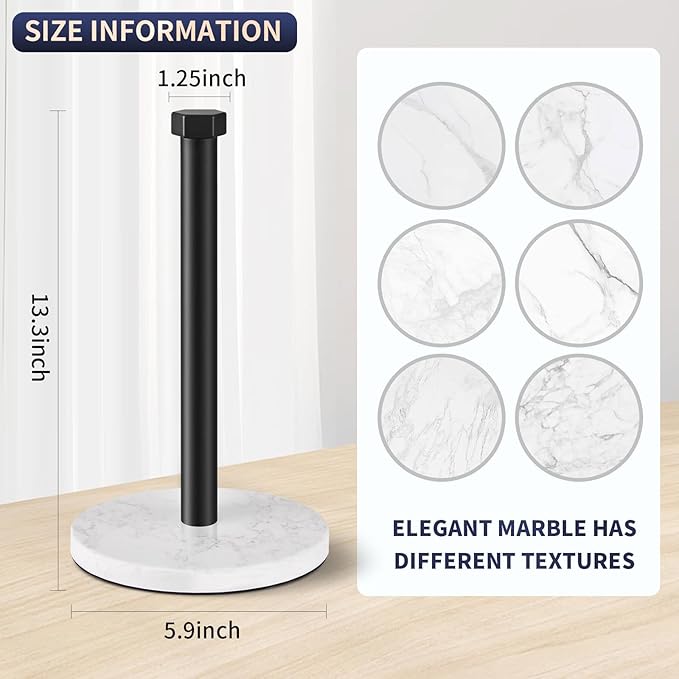Paper Towel Holder, Kitchen Paper Towels Holder Stand, Stainless Steel Paper Towel Holder -High-Grade Marble Weighted Base, Non-Slip Protect The countertop - Matte Black
