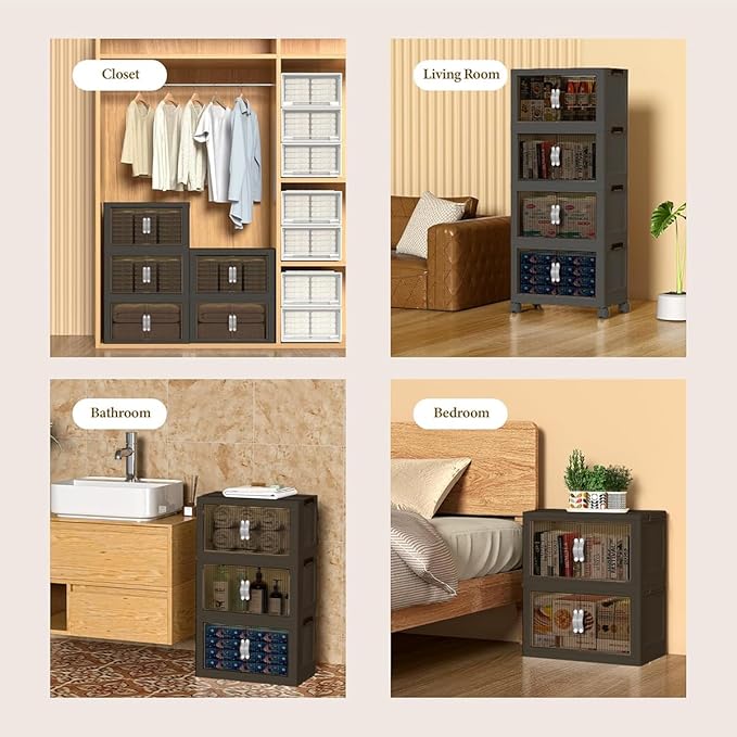 ONAIL Stackable Storage Bins, Plastic Collapsible Storage Bins with Lid and Wheels, Folding Closet Organizer Clear Doors, Foldable Cabinet Storage Boxes for Home, Pantry, Office (M, Gray 2-Tier)