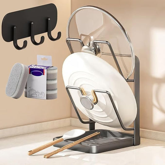 Kitchen Pot Lid Storage Rack, Pot Lid Holder While Cooking, Lid and Spoon Rest, Pot Lids Organizer, Multifunctional Kitchen Organizer Stand for Stove Top (Gray, Double-layer)