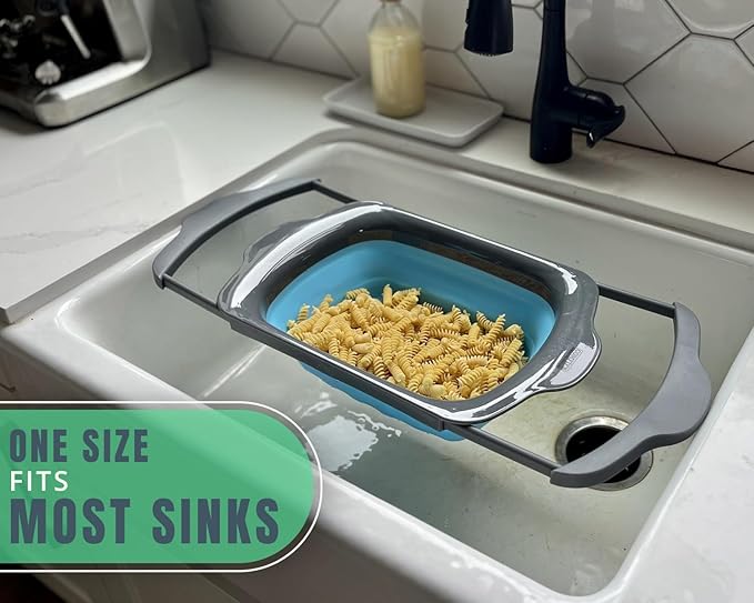 Comfify XL Large Kitchen Strainer - Collapsible Silicone Over - The-Sink Colander with Extendable Handles - Use with Pasta, Fruit, Berries & Veggie - 6 Quart - Blue