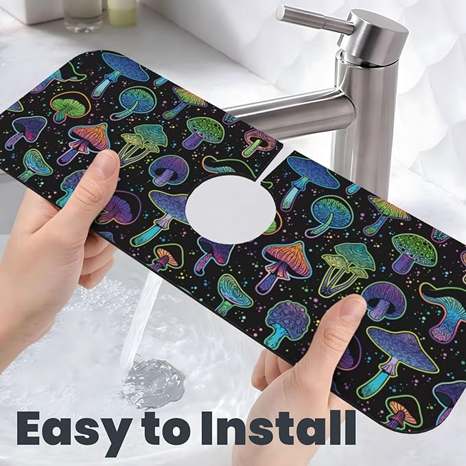 Cool Mushroom Mushrooms Kitchen Sink Splash Guard Faucet Mat Super Absorbent Fast Drying Mat Sink Gadgets-Fast Drying Pad Sink Mat For Kitchen Bathroom (15" X 5.5" )