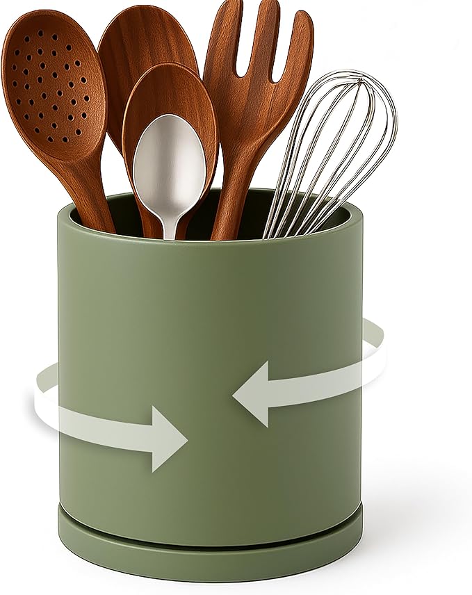 D'vine Dev 360° Rotating Utensil Holder – 5" Kitchen Utensil Crock for Countertop, Modern Cooking Tool Organizer for Kitchen Storage & Décor, Olive, 72-X-C-1