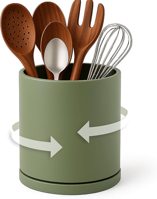 D'vine Dev 360° Rotating Utensil Holder – 5" Kitchen Utensil Crock for Countertop, Modern Cooking Tool Organizer for Kitchen Storage & Décor, Olive, 72-X-C-1