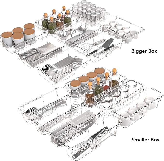 15 Pcs Extendable Clear Drawer Organizer Set,Adjustable Vanity Storage Box, 2-Size Desk Drawer Divider Organizer Trays, Storage Bin for Makeup, Cosmetic,Gadgets for Bathroom Bedroom Kitchen Office