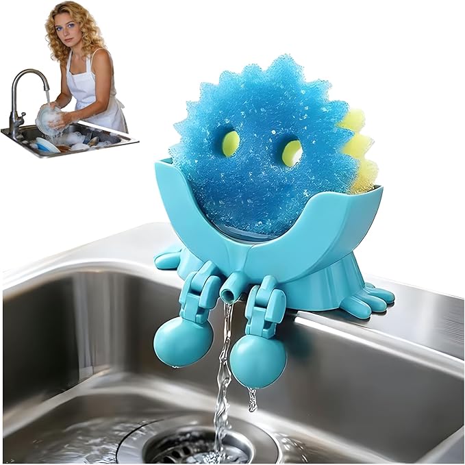 Peeing Scrub Sponge Holder, Sponge Holder for Kitchen Sink,Sink Caddy Smiley Face, 4-in-1 Sponge Holder for Holding Soap, Brush, ScrubberSponge,Stopper (Light Blue)