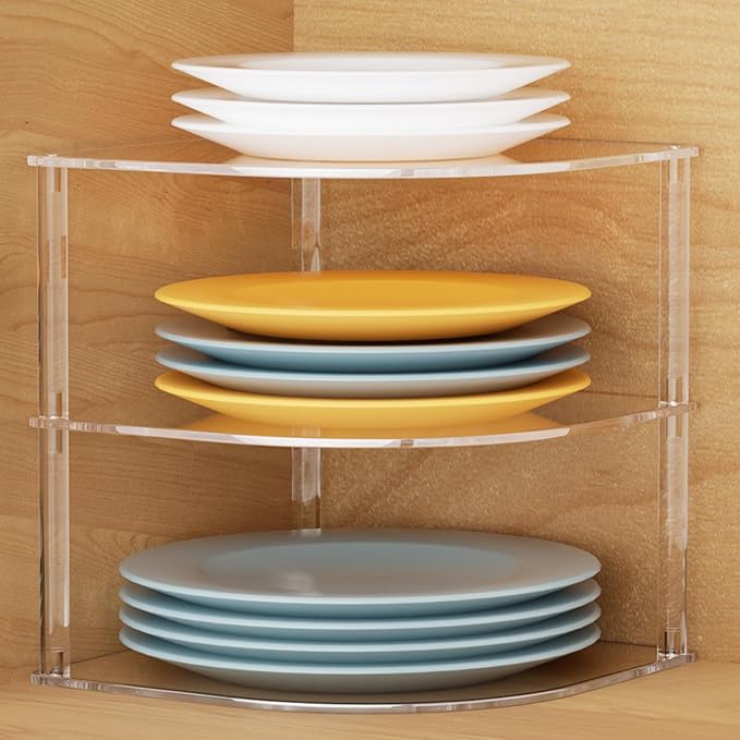 2 Pack Acrylic Plate Organizer for Cabinet, Corner Kitchen Cabinet Countertop Dish Organizer Shelf Kitchen Plate Rack Holder for Plates, Dishes, Bowls
