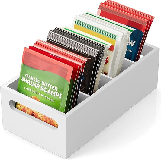 DRASTAR Pantry Organization and Storage Bins, Seasoning Packet Organizer with Removable Dividers,Wooden Storage Caddy for Kitchen, Pantry, Cabinet, Countertop, White