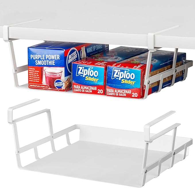 Under Shelf Basket, 2 Pack Under Cabinet Shelf Basket Organizer, Hanging Wire Storage Baskets, Slide-in, Add-on Space Saving for Kitchen Pantry Laundry Room Desk Bookshelf, White