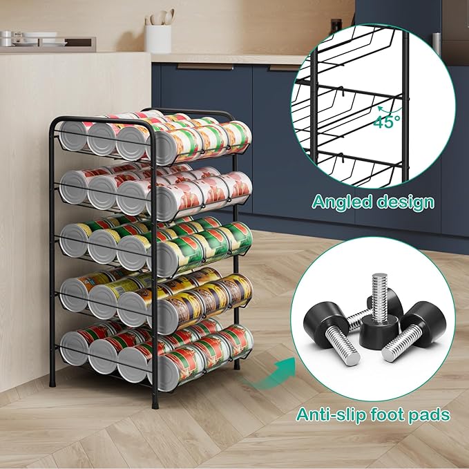 smusei 5 Tier Can Organizer for Pantry Shelf Large Capacity Drink Organizer Holds 60 Cans of Soda Can Dispenser with Adjustable Metal Diverter Strip for Kitchen Cabinet Cupboard, Black